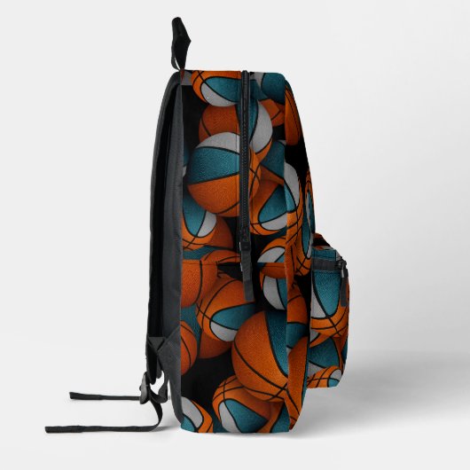 バスケットボールプレイヤーティール(緑がかった色)のグレーチームカラー プリントバックパック (左)