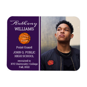 バスケットボールプレーヤーのフォトパープル ホワイトの卒業 マグネット