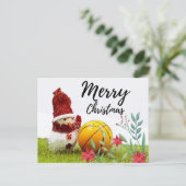 バスケットボールメリークリスマスグリーン雪だるま付き ポストカード (スタンド正面)