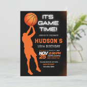 バスケットボールモダン誕生日キッズスポーツパーティー 招待状 (スタンド正面)