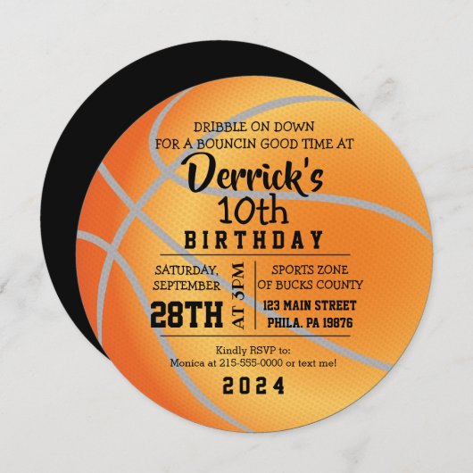 バスケットボールラウンド誕生日パーティーの招待状 招待状 (正面/裏面)