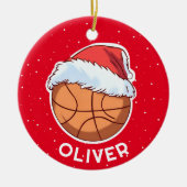 バスケットボールレッドサンタハットクリスマスキッド名 セラミックオーナメント (正面)