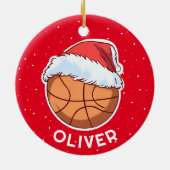 バスケットボールレッドサンタハットクリスマスキッド名 セラミックオーナメント (裏面)