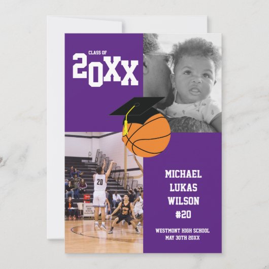 バスケットボール卒業スポーツの紫の発表 招待状 (正面)