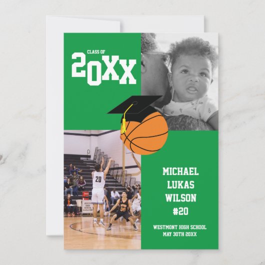 バスケットボール卒業スポーツグリーン発表 招待状 (正面)