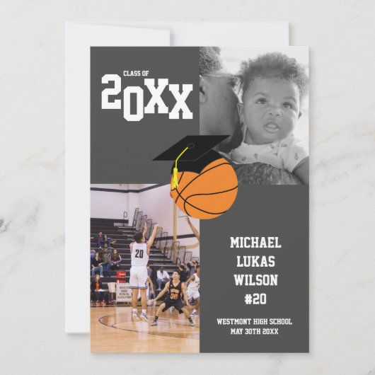 バスケットボール卒業スポーツグレー発表 招待状 (正面)