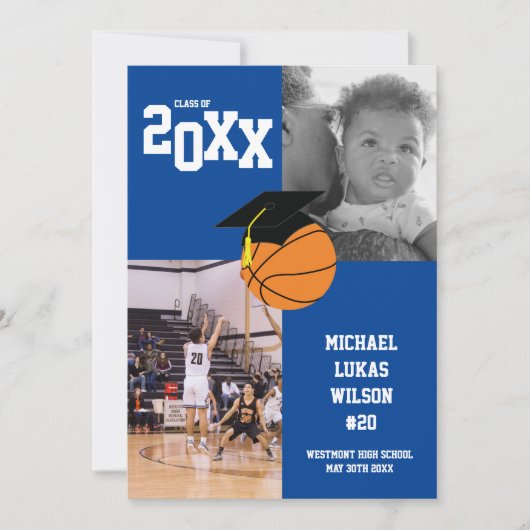 バスケットボール卒業スポーツブルーのお知らせ 招待状 (正面)