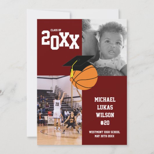 バスケットボール卒業スポーツマルーンの発表 招待状 (正面)