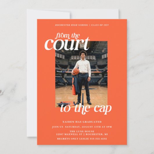 バスケットボール卒業式コートを帽子まで 招待状 (正面)