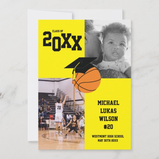 バスケットボール卒業式スポーツイエロー発表 招待状 (正面)