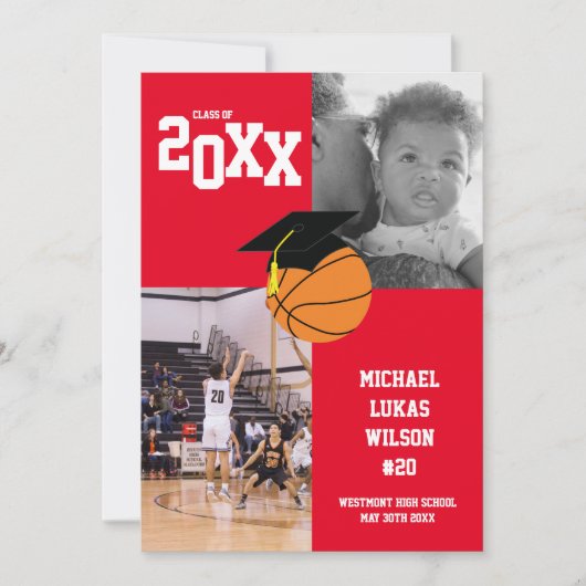 バスケットボール卒業式スポーツ赤アナウンス 招待状 (正面)