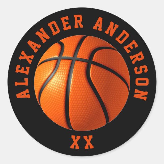 バスケットボール名とジャージーのパーソナライズ ラウンドシール (正面)