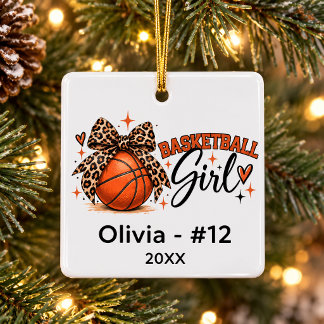 バスケットボール女子豹柄リボンクリスマス オーダーメイド セラミックオーナメント