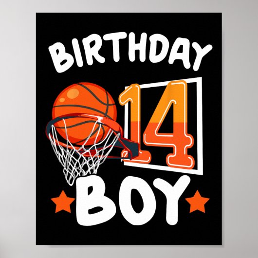 バスケットボール好きな14歳の誕生日おめでとう少年 装飾 ポスター (正面)