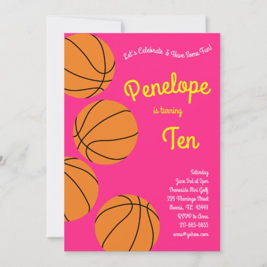 バスケットボール子供の誕生日パーティースポーツピンクガールズ 招待状 (正面)