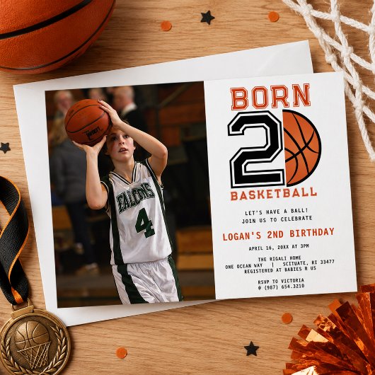 バスケットボール生まれの2歳の誕生日 スポーツ写真 招待状