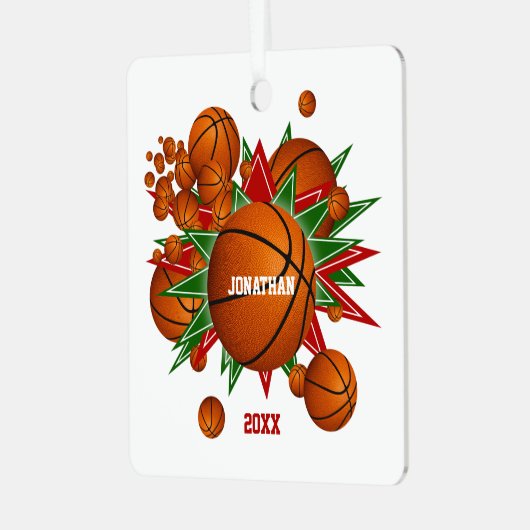 バスケットボール緑の赤い星の男の子の女の子を記念して メタルオーナメント (正面左)
