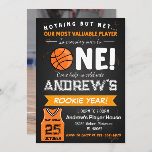 バスケットボール誕生日とカスタム写真付き 招待状 (正面/裏面)