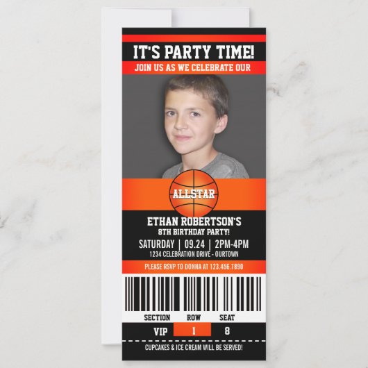 バスケットボール誕生日写真テンプレート 招待状 (正面)