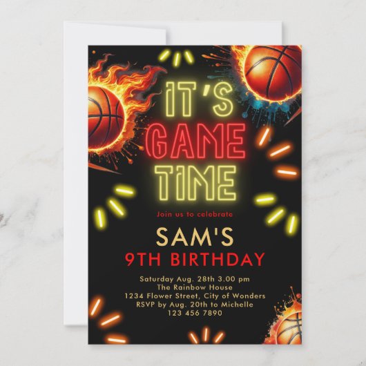 バスケットボール誕生日招待状ボーイズネオンゲームタイム 招待状 (正面)