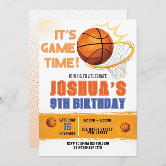 バスケットボール誕生日招待状。スポーツ招待状 招待状 (正面/裏面)