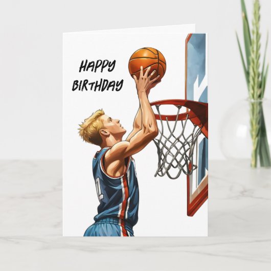 バスケットボール選手のダンクシュートの水彩 誕生日 カード (正面)
