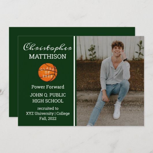 バスケットボール選手の写真卒業発表 招待状 (正面/裏面)