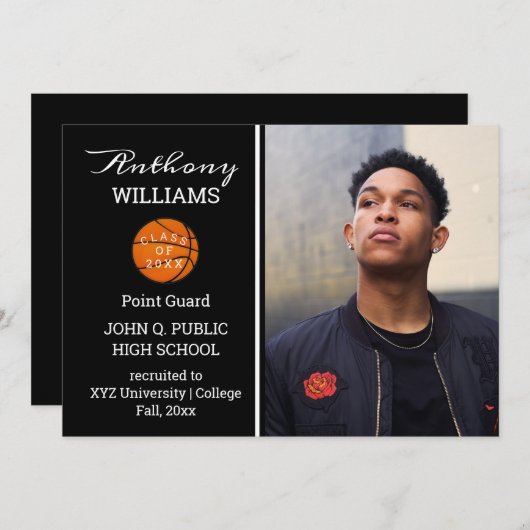 バスケットボール選手の写真卒業発表 招待状 (正面/裏面)