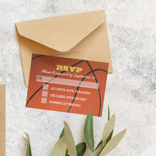 バスケットボール金ゴールドバー(ユダヤ教の)バル・ミツバーRSVPカード 出欠カード