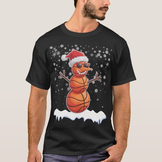 バスケットボール雪だるまクリスマスサンタハットスノーフレーク Tシャツ (正面)