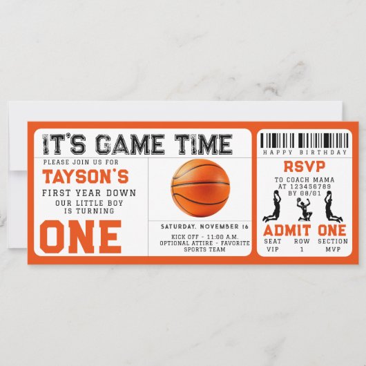 バスケットボール1年目を下る1回目の誕生日チケット 招待状 (正面)