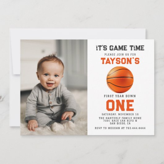 バスケットボール1年目を下る1番目の誕生日の写真 招待状 (正面)
