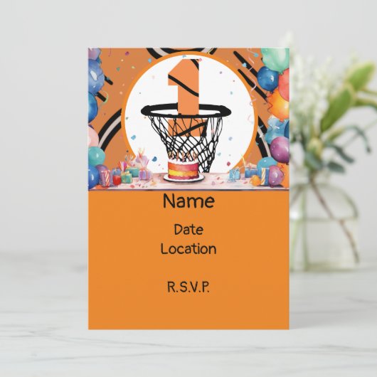 バスケットボール1st誕生日(ミニフープの番号) 招待状 (スタンド正面)