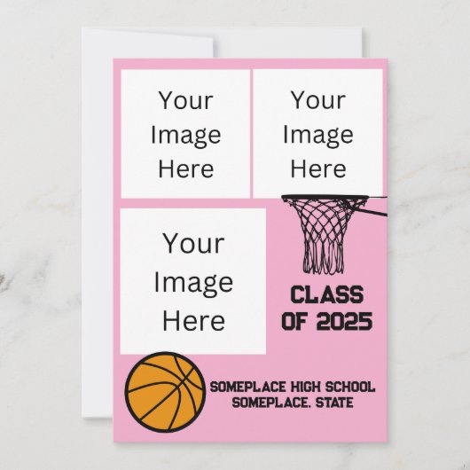 バスケットボール3フォトコラージピンク卒業 招待状 (正面)