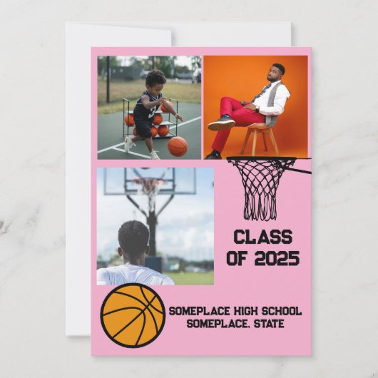 バスケットボール3フォトコラージピンク卒業 案内状 (正面)