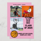 バスケットボール3フォトコラージピンク卒業 案内状 (正面/裏面)