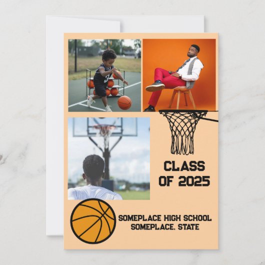 バスケットボール3フォトコラージピーチ卒業 招待状 (正面)