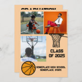 バスケットボール3フォトコラージピーチ卒業 招待状 (正面/裏面)