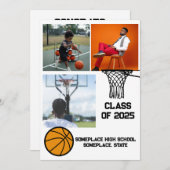 バスケットボール3フォトコラージホワイト卒業 案内状 (正面/裏面)