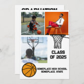 バスケットボール3フォトコラージュ白卒業 招待状 (正面/裏面)