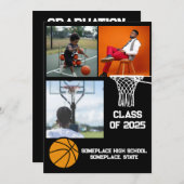 バスケットボール3フォトコラージュ黒卒業 招待状 (正面/裏面)