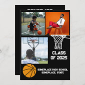 バスケットボール3フォトコラージュ黒卒業 案内状 (正面/裏面)