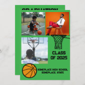 バスケットボール3フォトコラージンググリーン卒業 招待状 (正面/裏面)