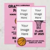 バスケットボール3枚の写真をピンクで卒業コラージュ 招待状 (正面/裏面)