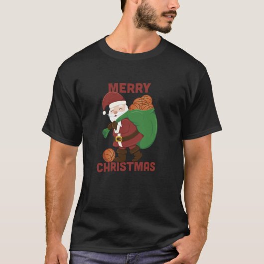 バスケットボール・スポーツ・サンタクロース・メリークリスマス Tシャツ (正面)