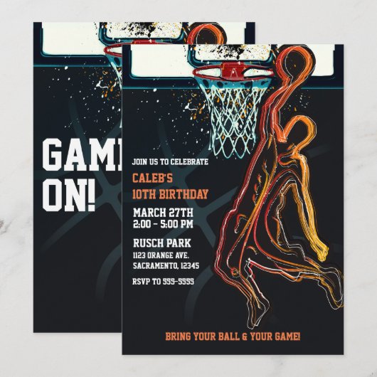 バスケットボール ダンク ジャンプ ショット 誕生日パーティー 招待状 (正面/裏面)