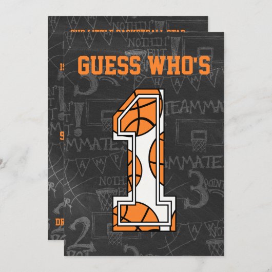 バスケットボール·チャルクボード第1誕生日パーティー 招待状 (正面/裏面)