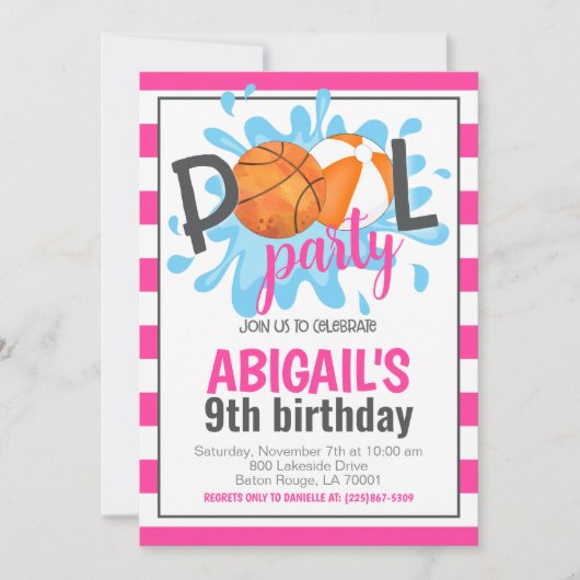 バスケットボール プールパーティー 誕生日 招待状 (正面)