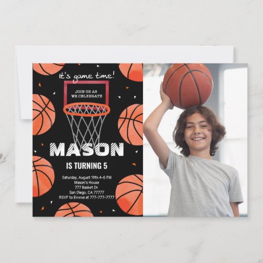 バスケットボール 誕生日 写真 招待状 (正面)