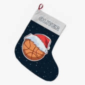 バスケットボール 赤いサンタ帽子 名前入り ラージクリスマスストッキング (正面 (吊り時))